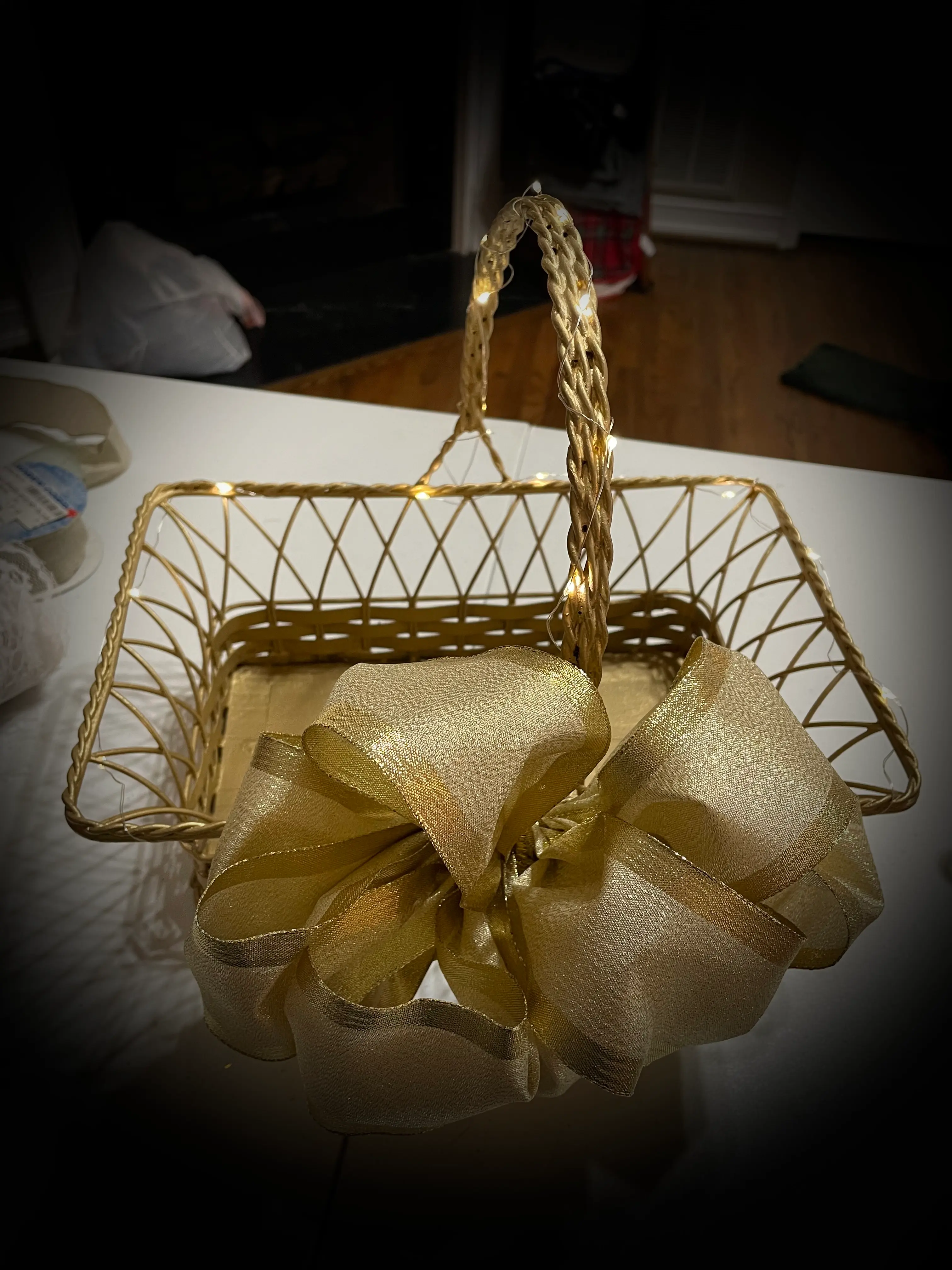 Gold Wire Basket with Fairy Lights